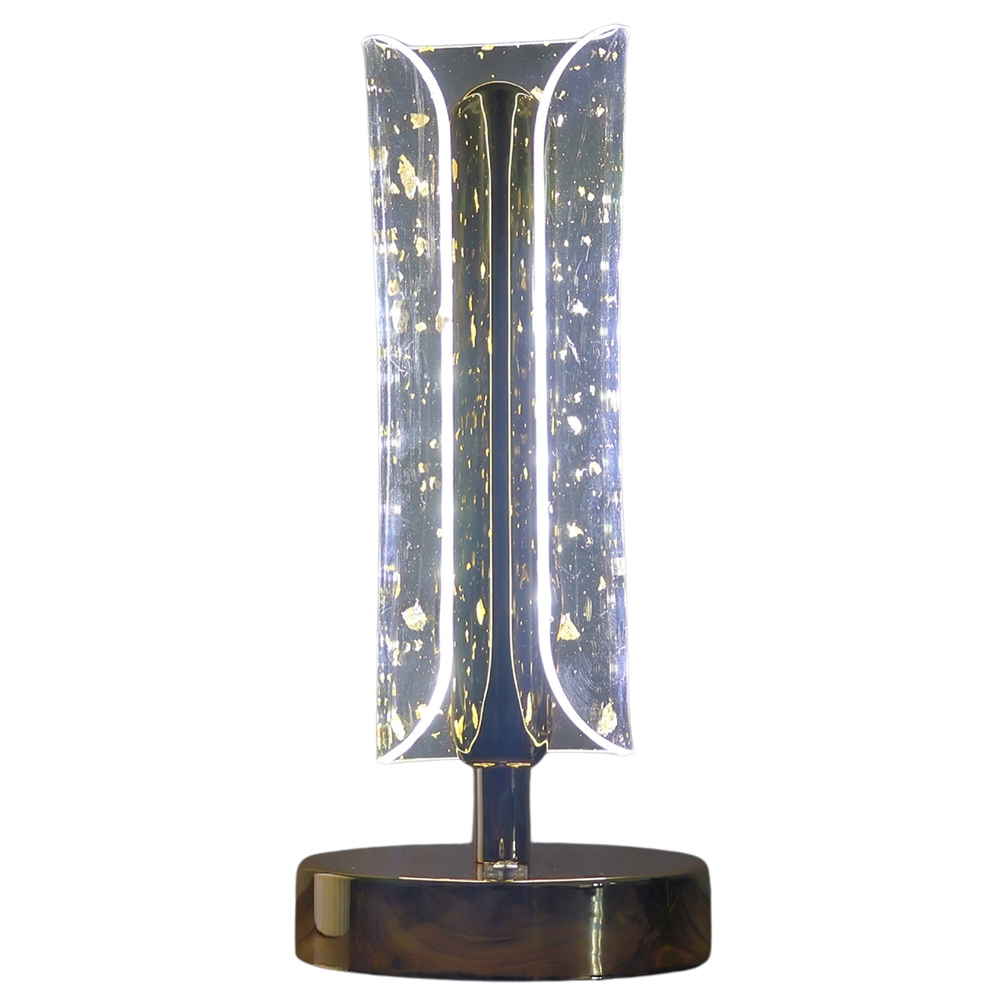 Wukusy crystal table lamp with a clear glass base and a fabric lampshade, resting on a wooden surface.
