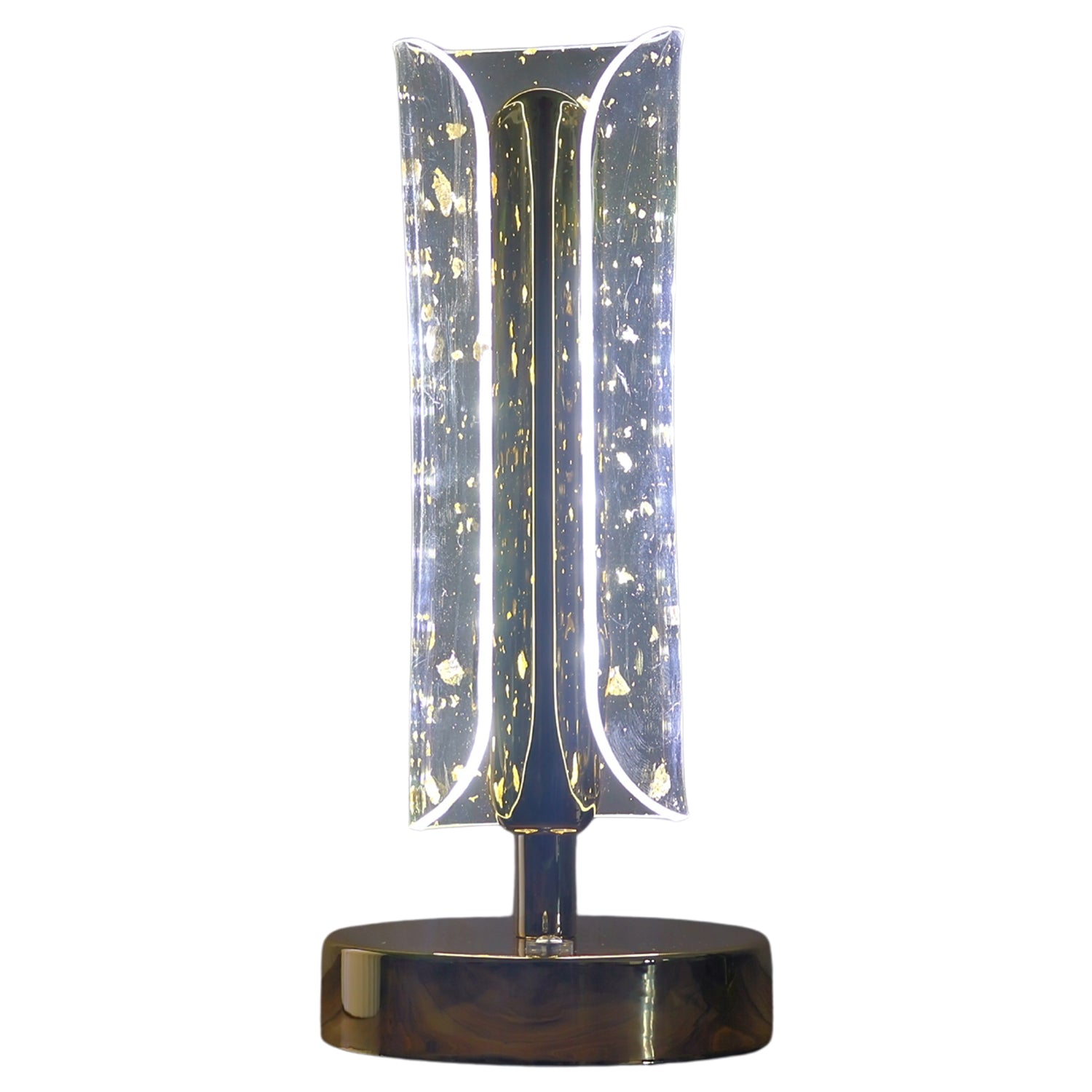 Wukusy crystal table lamp with a clear glass base and a fabric lampshade, resting on a wooden surface.
