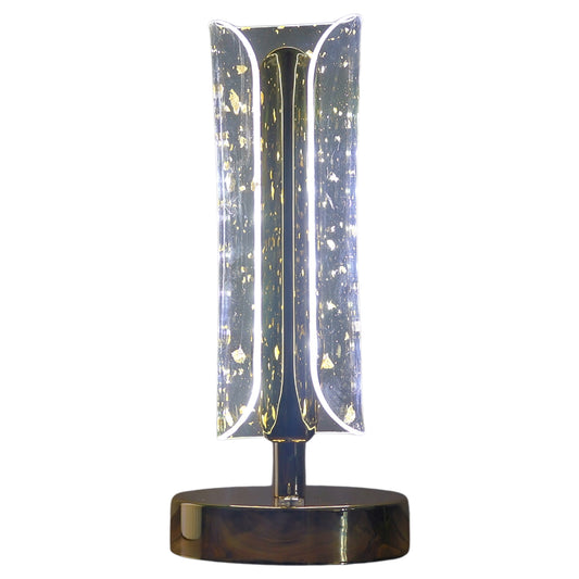 Wukusy crystal table lamp with a clear glass base and a fabric lampshade, resting on a wooden surface.
