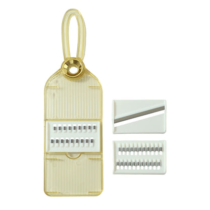 Wukusy multifunctional vegetable cutter set with interchangeable blades, showing various blade types and chopped vegetables.