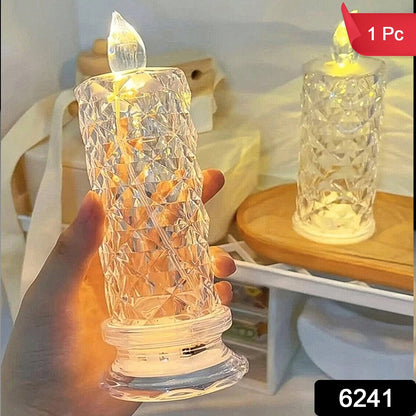 Wukusy 6241 rose-shaped crystal candles for home decoration, glowing with soft light in a cozy setting