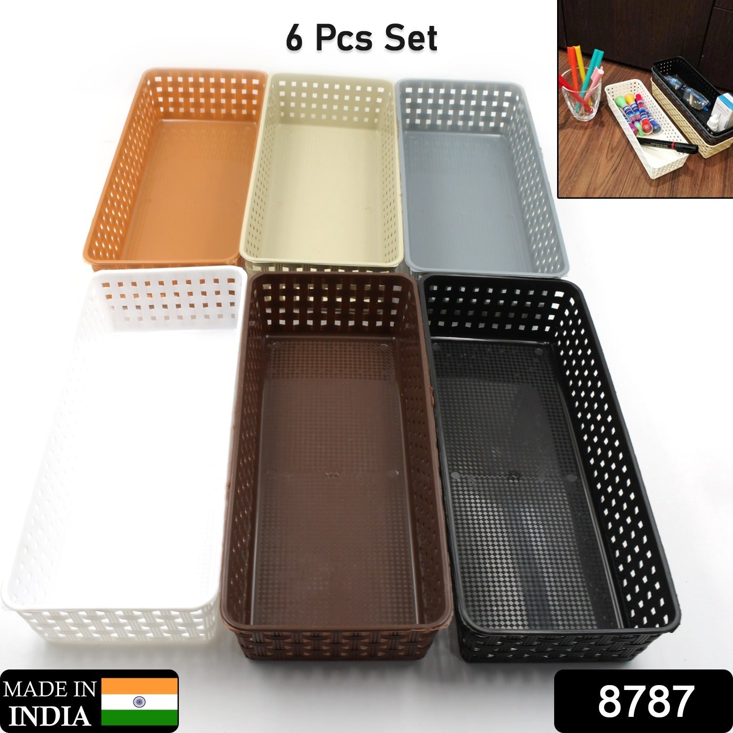 Set of six Wukusy plastic multipurpose desk organizer trays with colorful dividers for office, kitchen, bathroom, or bedroom storage.