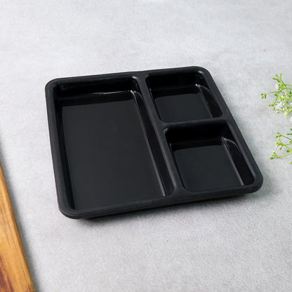 Black plastic multi-compartment meal serving tray with 3 sections, rectangular shape, ideal for home and kitchen dining.