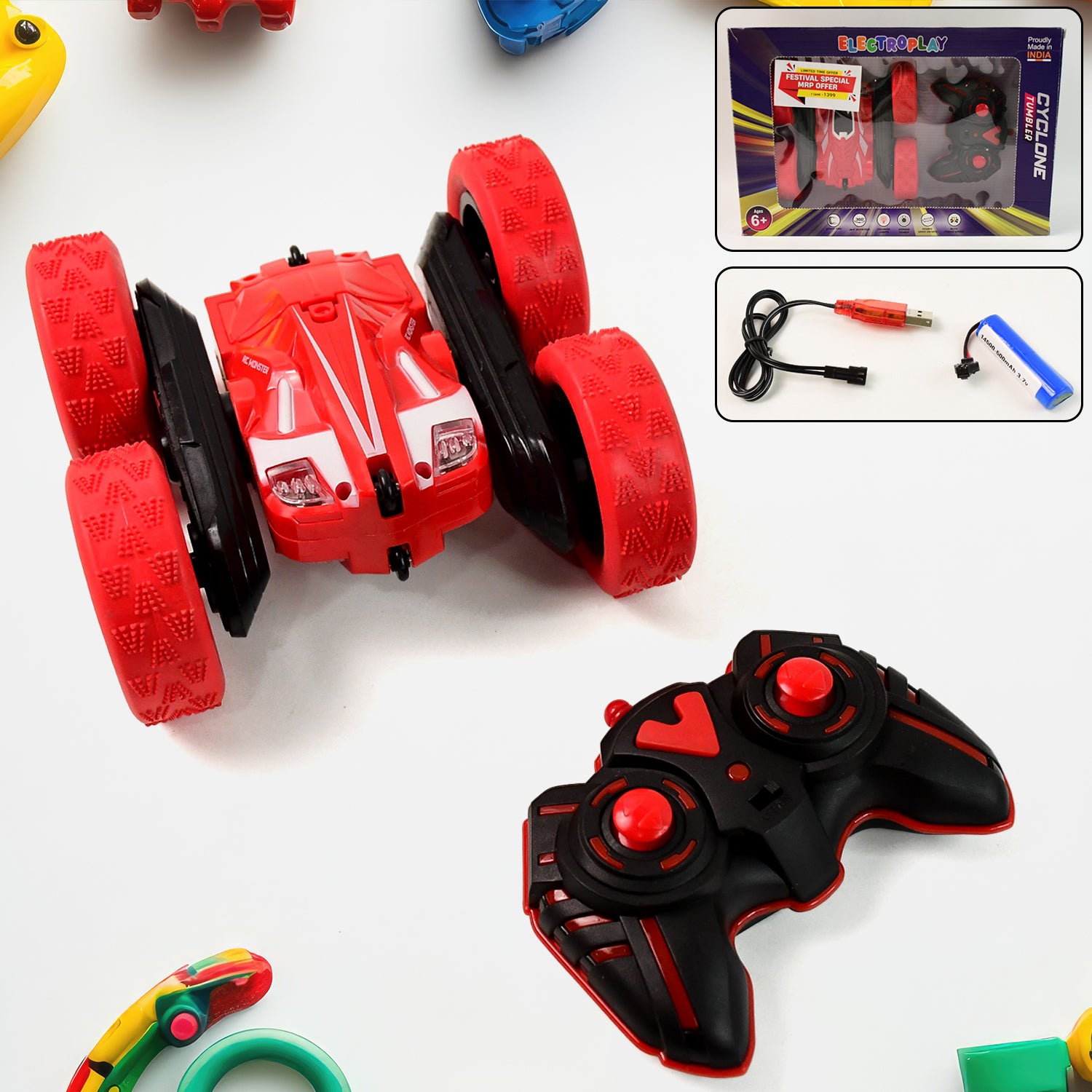 Wukusy remote control stunt car set featuring a double-sided fast toy car performing tricks and stunts on a smooth surface.