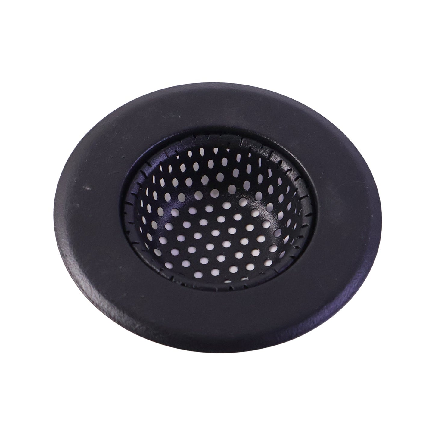 Wukusy metal sink drain mesh strainer filter basket catching food debris in a kitchen sink.