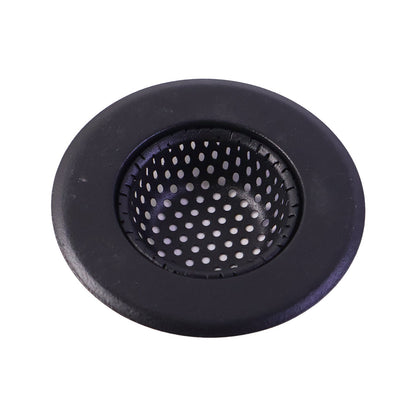 Wukusy metal sink drain mesh strainer filter basket catching food debris in a kitchen sink.