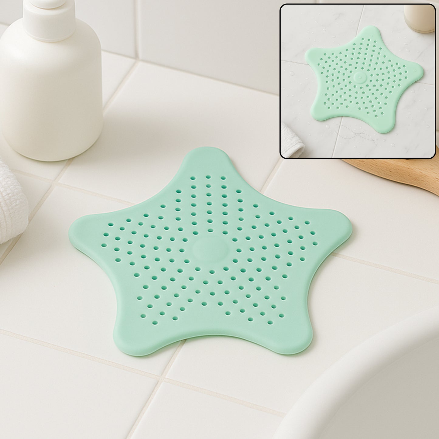 Mint green silicone star-shaped sink filter by Wukusy, bathroom hair catcher and drain strainer for basin.