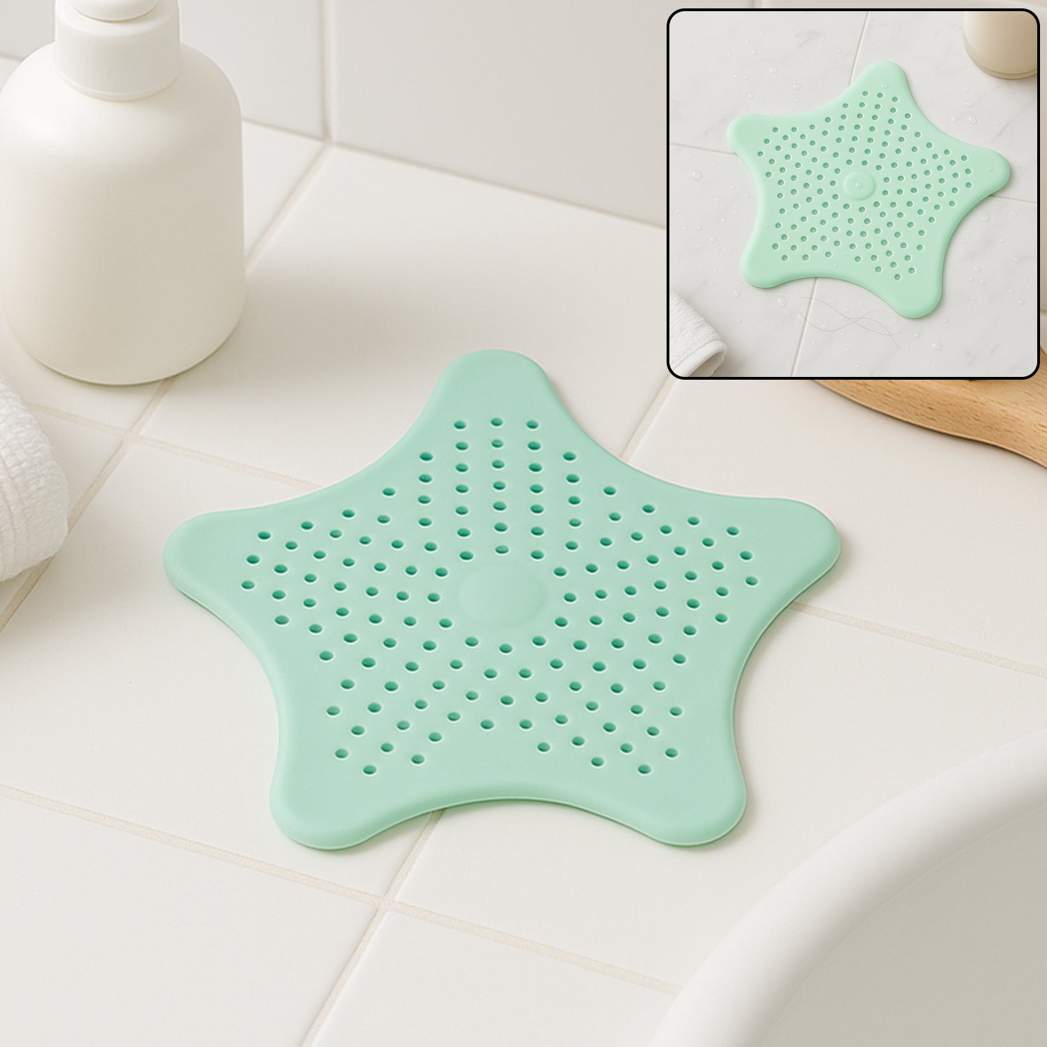 Mint green silicone star-shaped sink filter by Wukusy, bathroom hair catcher and drain strainer for basin.