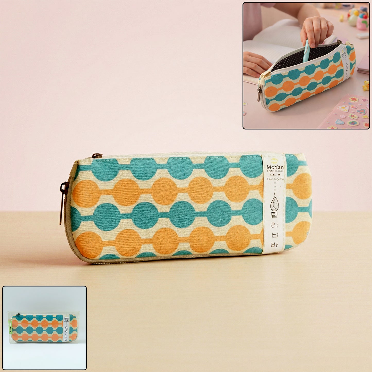 Multi-color geometric printed pencil pouch by Wukusy, featuring vibrant patterns and a compact design for stationery storage.
