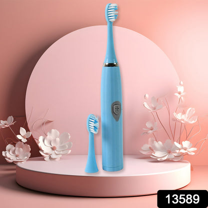 Wukusy electric toothbrush battery operated with replaceable battery, showing the toothbrush handle and brush head attachment.