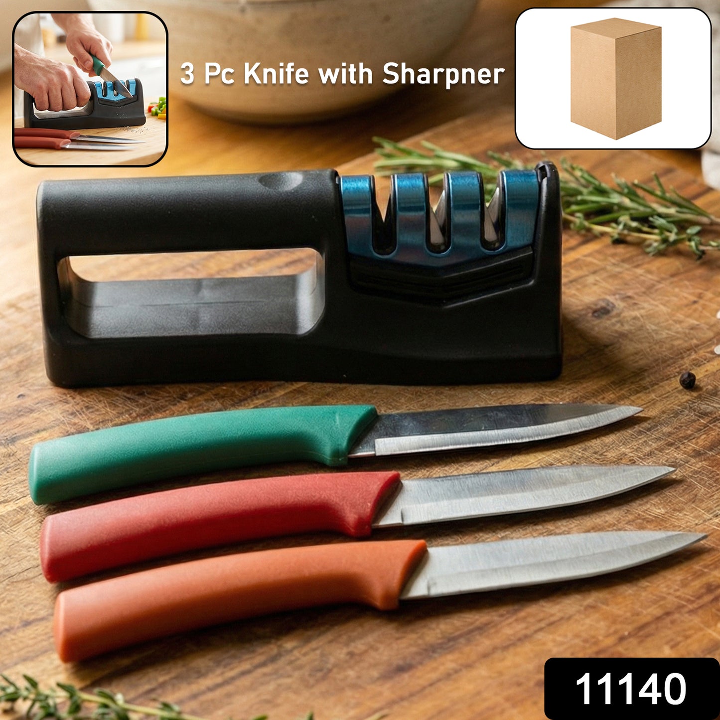 Wukusy 3-piece kitchen knife set with sharpener, including chef, utility, and paring knives on a wooden cutting board