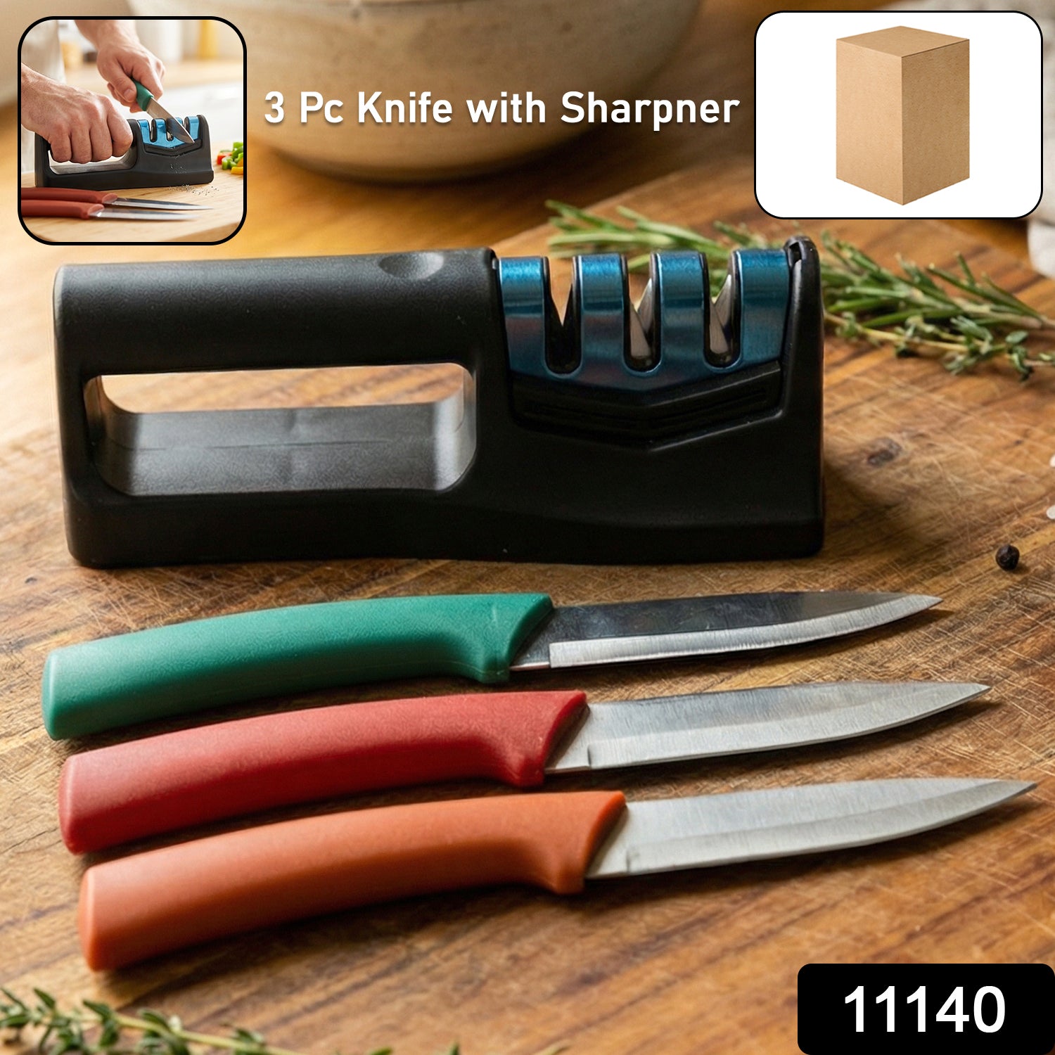 Wukusy 3-piece kitchen knife set with sharpener, including chef, utility, and paring knives on a wooden cutting board