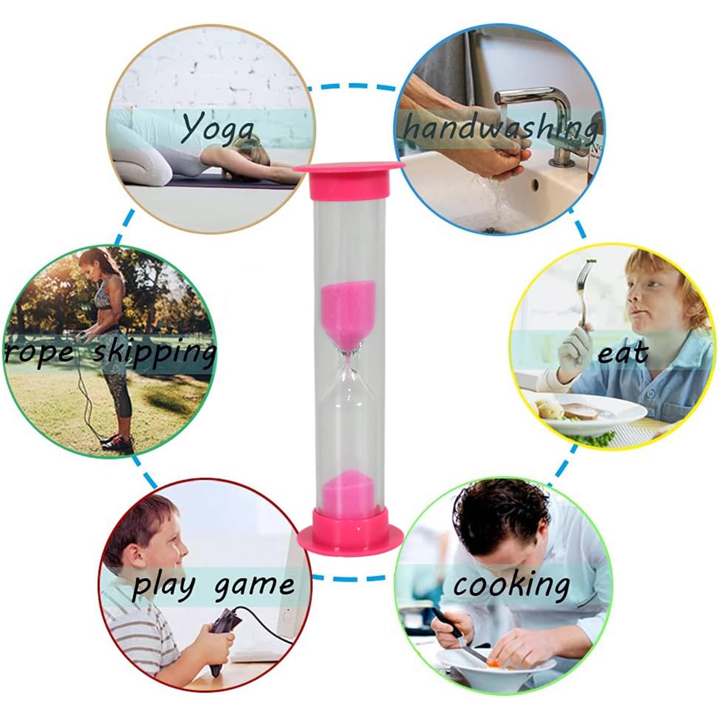Set of five Wukusy plastic sand timers, 3-minute bathroom and kitchen hourglasses for kids, brushing teeth, and household timing.