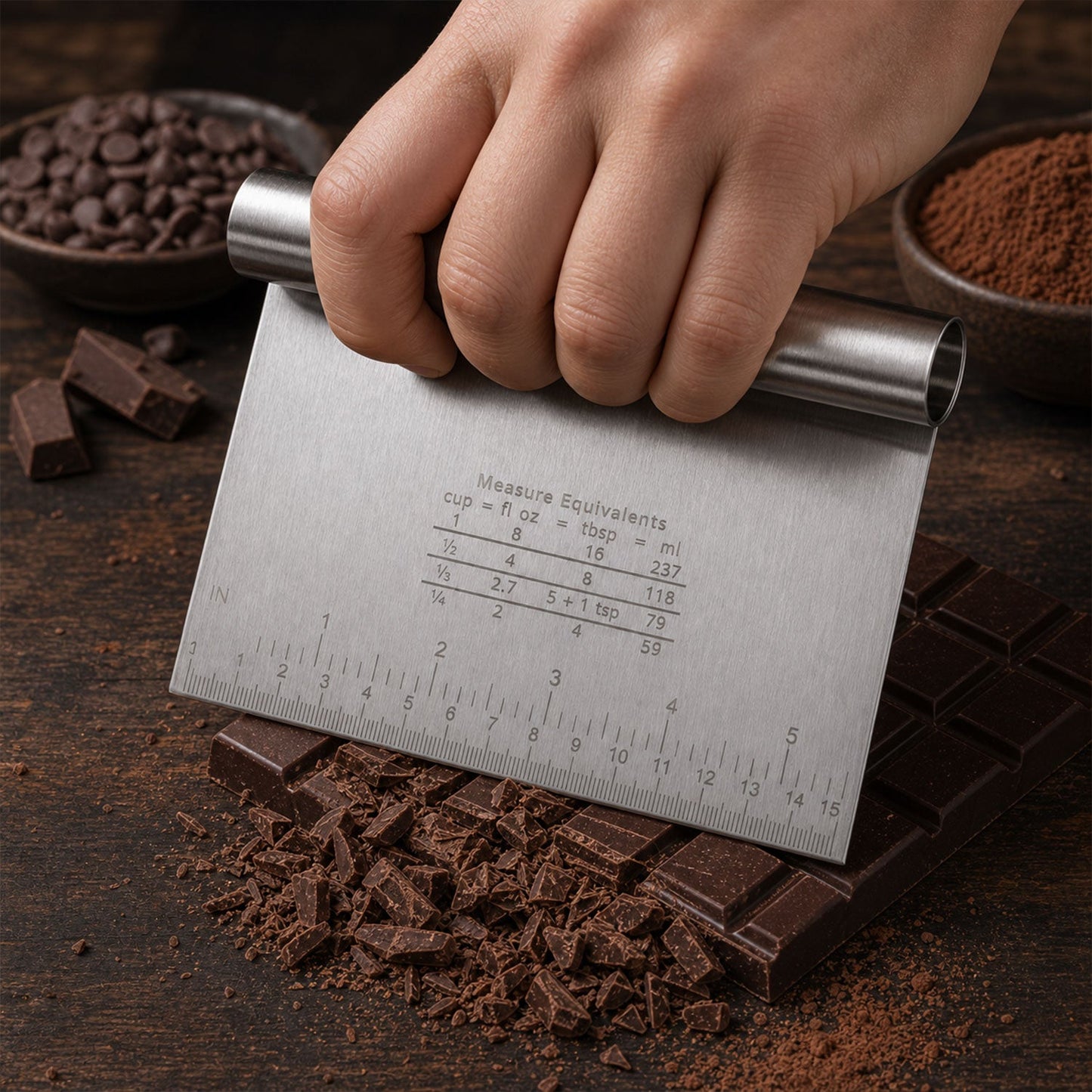 Small stainless steel dough scraper cutter with scale, 15x12 cm, from Wukusy, showing a close-up of the tool on a kitchen surface.