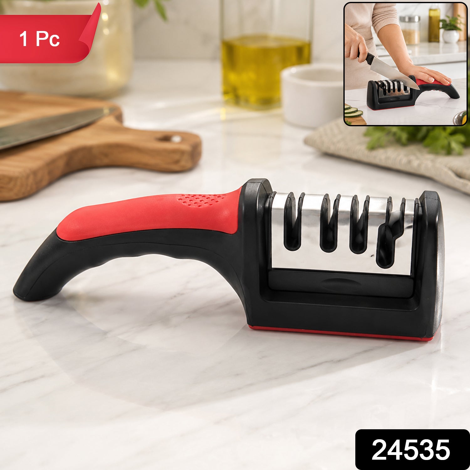 Wukusy 4-stage kitchen knife sharpener with non-slip handle, featuring multiple sharpening slots for precise blade honing.