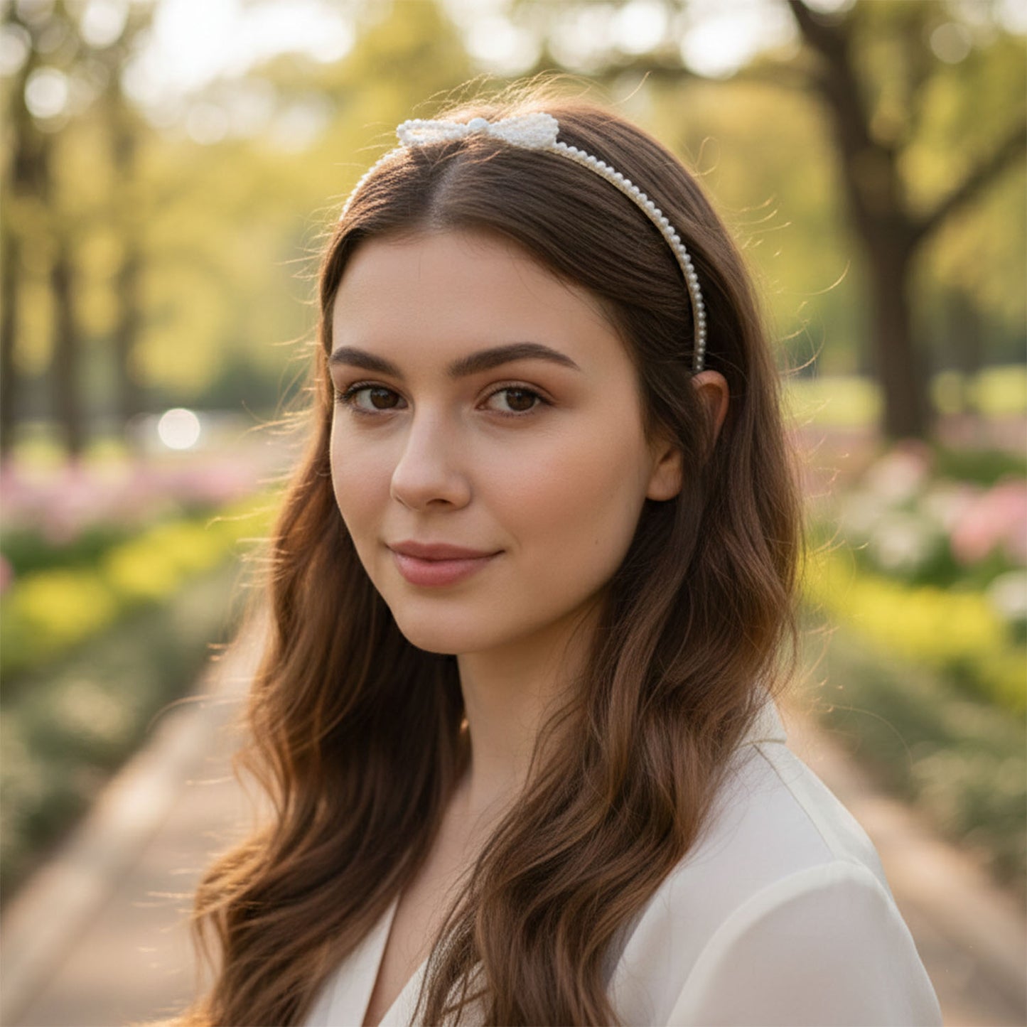 Elegant pearl beaded Wukusy slim metal hair band featuring delicate pearl accents and a sleek design for stylish hair accessories.