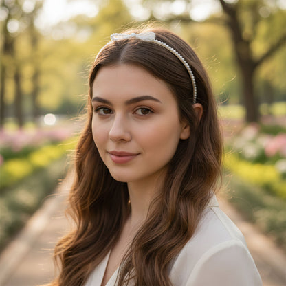 Elegant pearl beaded Wukusy slim metal hair band featuring delicate pearl accents and a sleek design for stylish hair accessories.