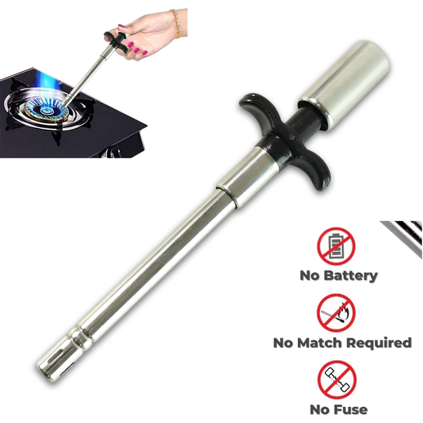 Wukusy Apex stainless steel kitchen gas stove lighter with ergonomic handle and ignition button for home cooking safety and convenience.