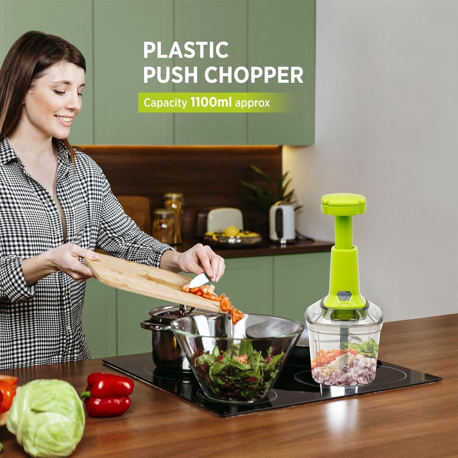 Wukusy 2-in-1 vegetable chopper for kitchen, 1100 ml capacity, with stainless steel blades and ergonomic handle for easy chopping.