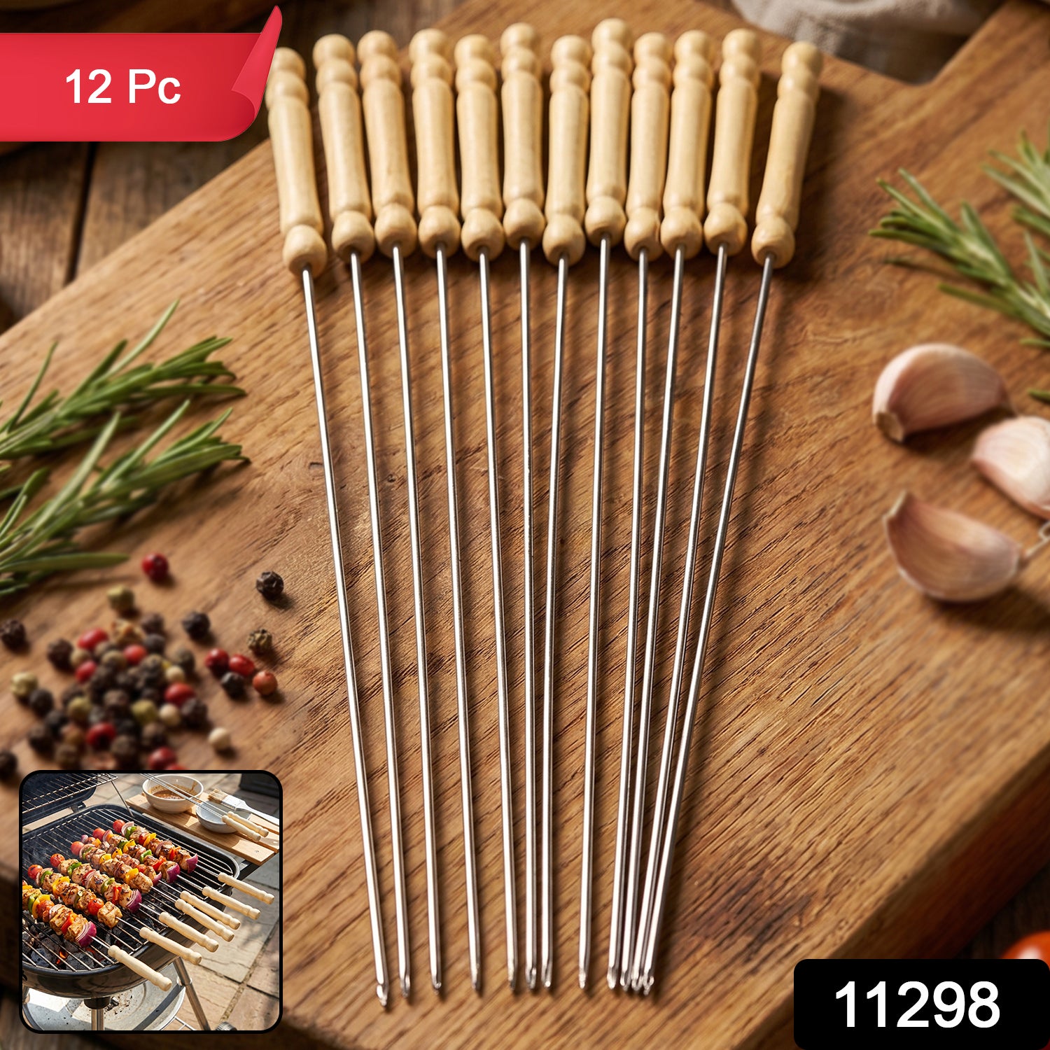 Set of 12 stainless steel BBQ skewers with wooden handles by Wukusy, perfect for grilling and outdoor barbecues.