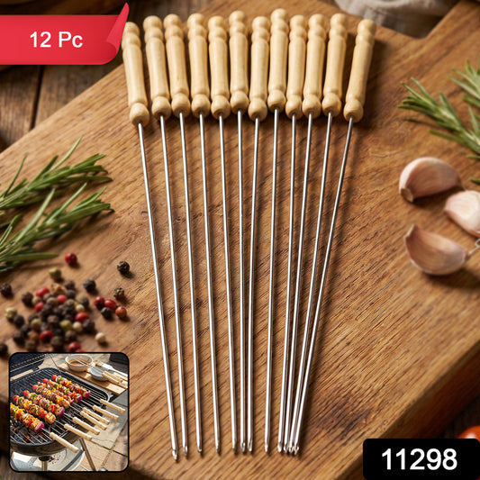 Set of 12 stainless steel BBQ skewers with wooden handles by Wukusy, perfect for grilling and outdoor barbecues.