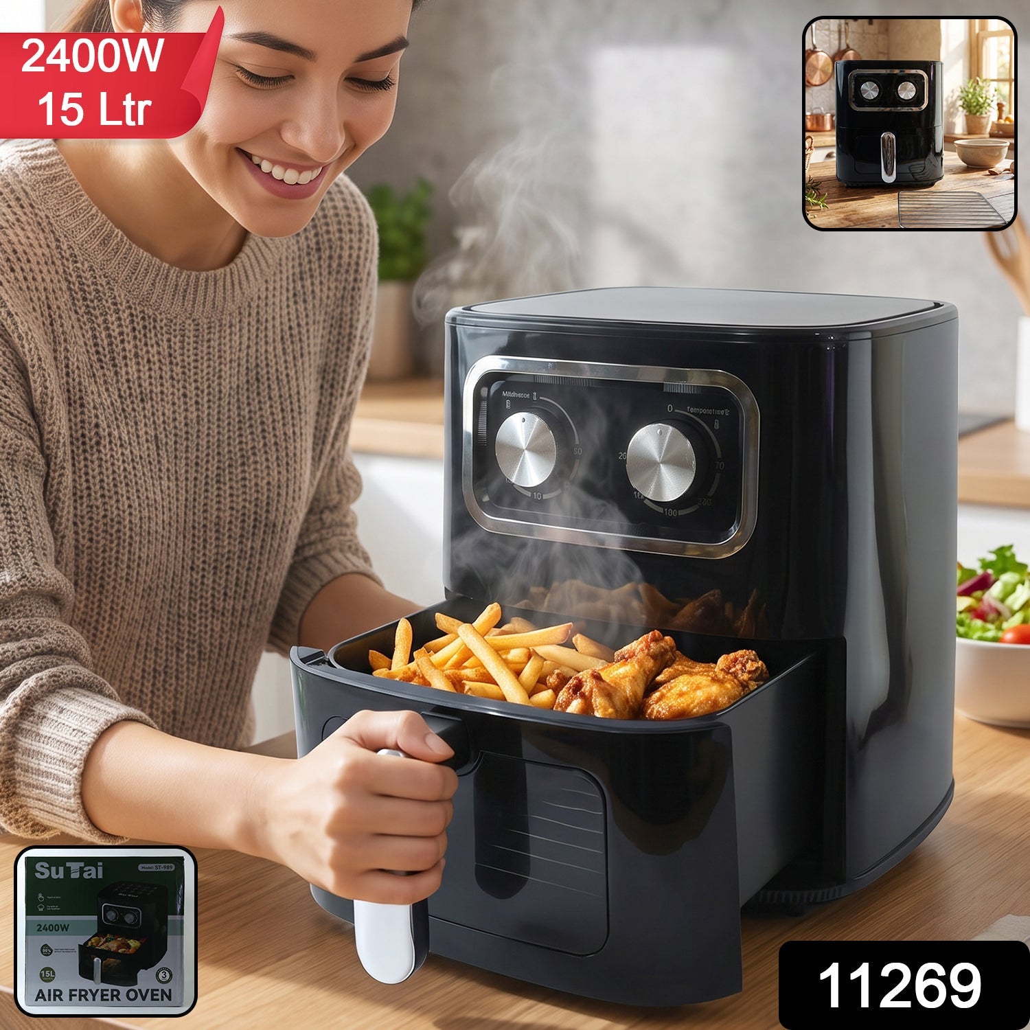 Wukusy Sutai Air Fryer Oven with 15L capacity and 2400W power, showing digital display and large cooking basket.