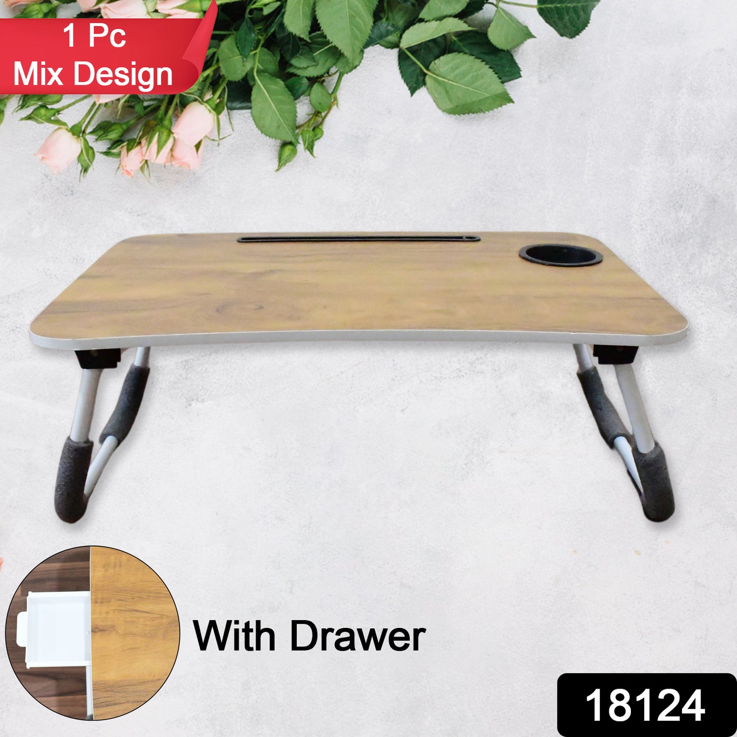 Wukusy multi-purpose laptop desk with foldable cupholder and drawer, plain design, compact for study and reading.