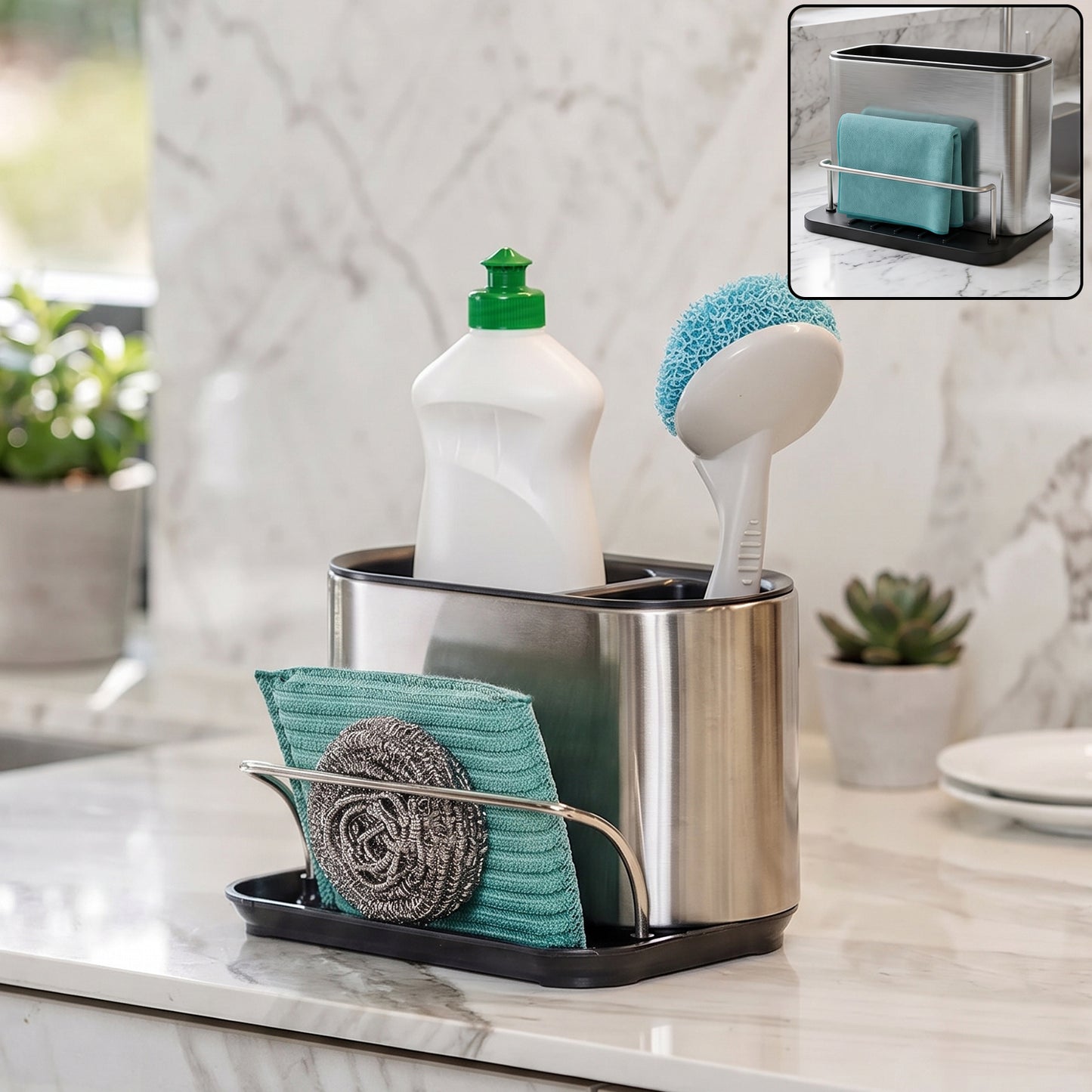 Wukusy stainless steel sink caddy organizer rack with sponge holder for kitchen, compact and durable for sink storage.