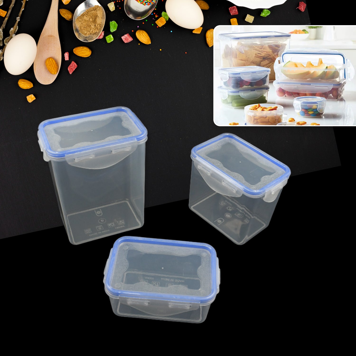 Wukusy 3-piece kitchen storage container set with food-grade plastic and air seal lock lids for spices, dry fruits, and groceries.
