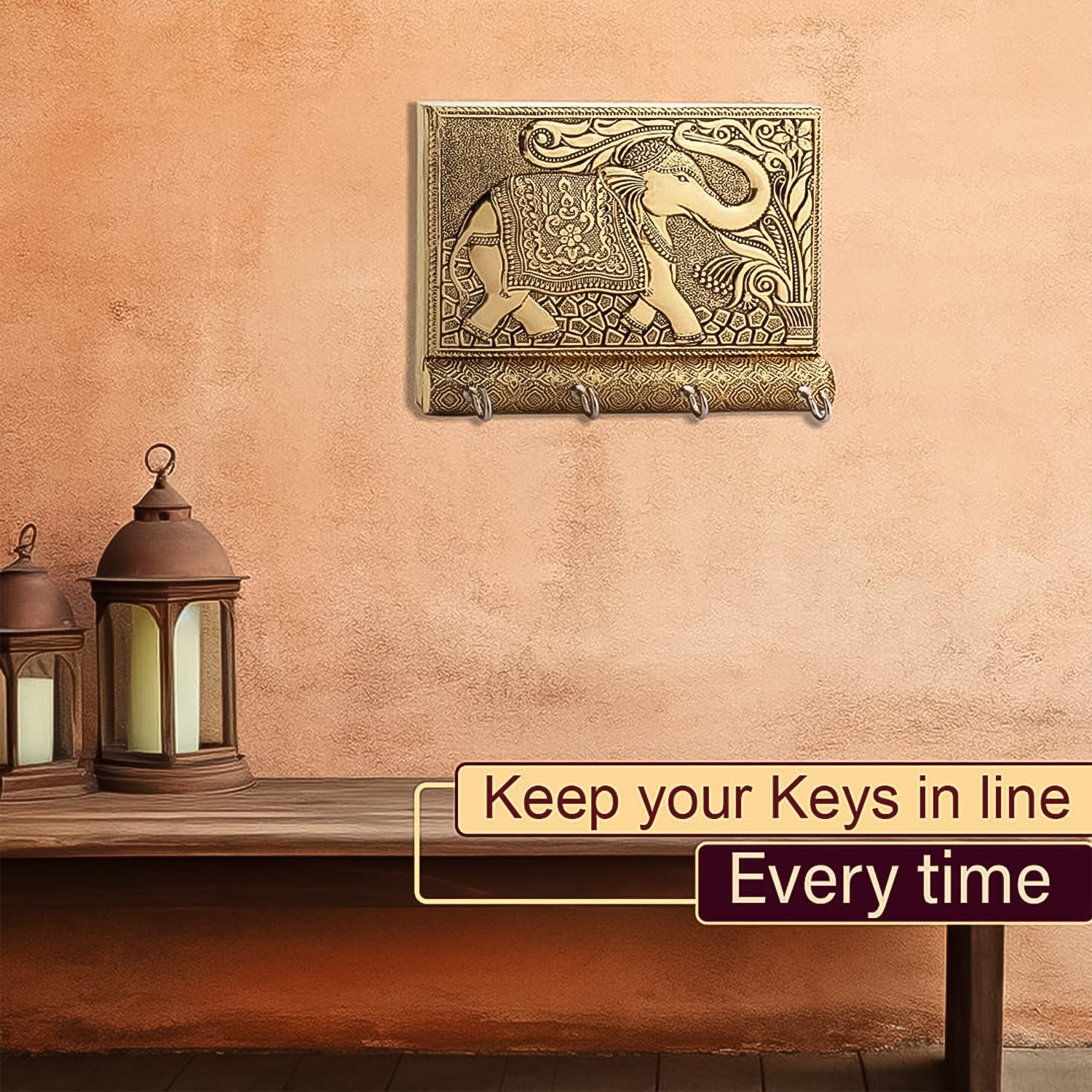 Wukusy wooden key holder with stylish gold antique elephant metal design, perfect for home decor and organization.