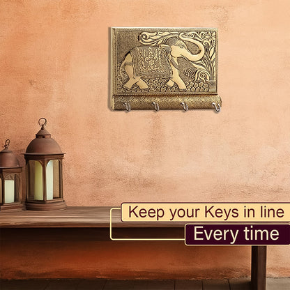 Wukusy wooden key holder with stylish gold antique elephant metal design, perfect for home decor and organization.