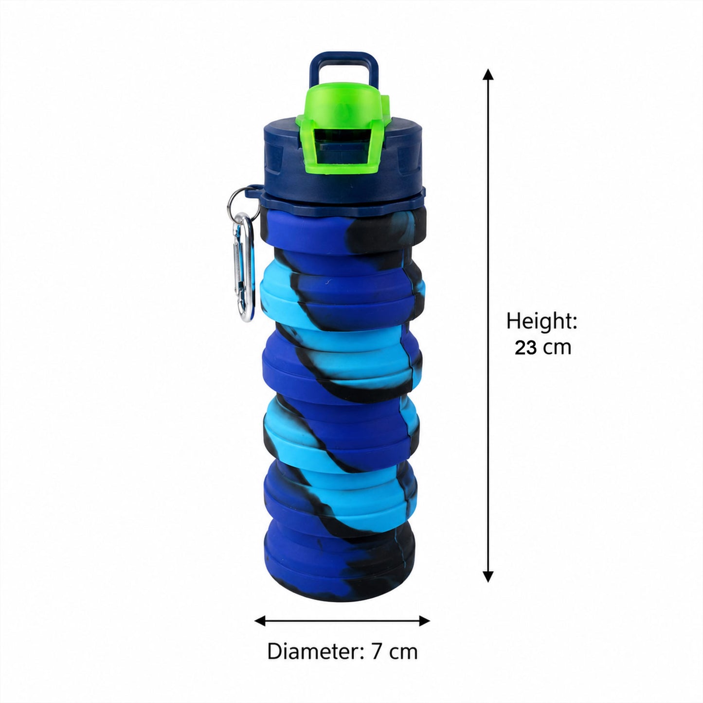 Wukusy Sili Fold collapsible silicone water bottle with carabiner, 500ml, leakproof design for portable hydration.