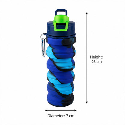 Wukusy Sili Fold collapsible silicone water bottle with carabiner, 500ml, leakproof design for portable hydration.