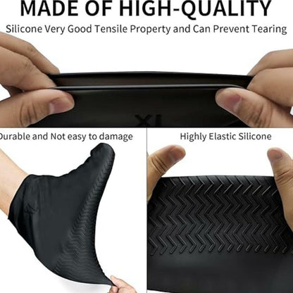 Pair of black waterproof silicone shoe covers by Wukusy in medium size, designed to protect shoes from water and dirt.