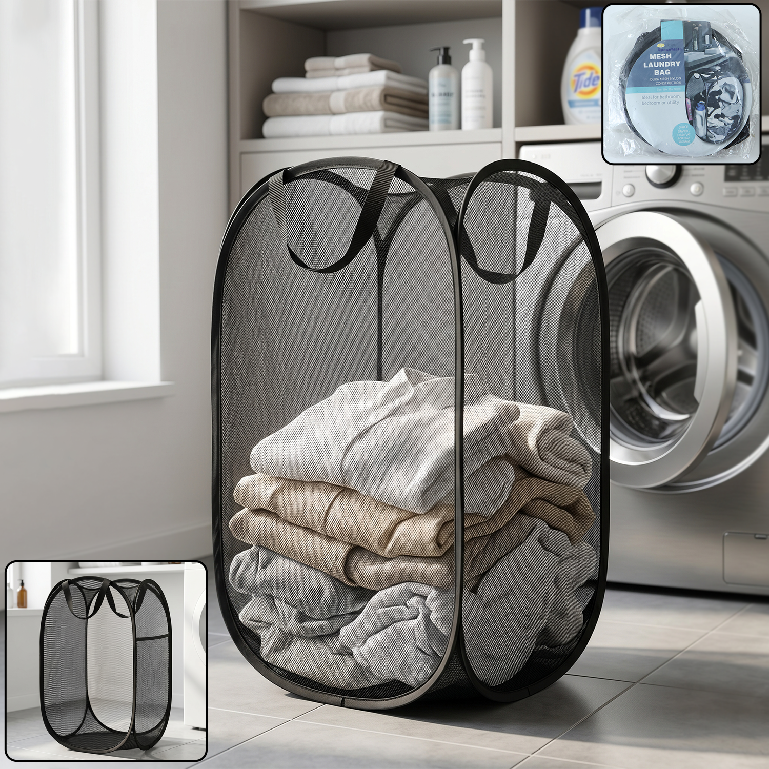 Large foldable mesh laundry basket by Wukusy, durable fabric clothes hamper with 36x36x60cm dimensions, ideal for laundry organization.