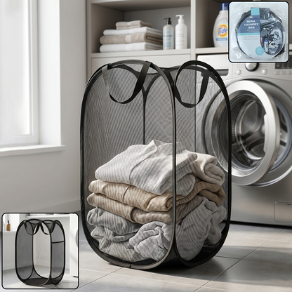 Large foldable mesh laundry basket by Wukusy, durable fabric clothes hamper with 36x36x60cm dimensions, ideal for laundry organization.