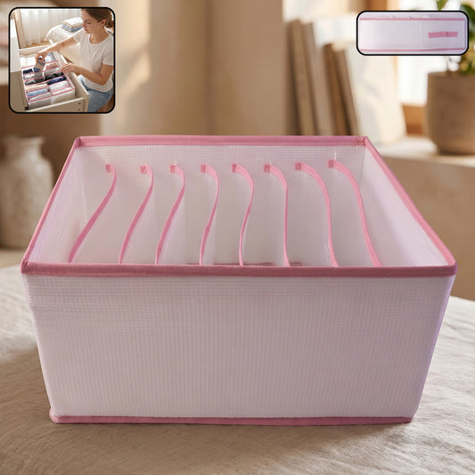 Wukusy 9-section foldable clothes organizer for wardrobe drawer storage, ideal for jeans and apparel, with a clear view of the box.