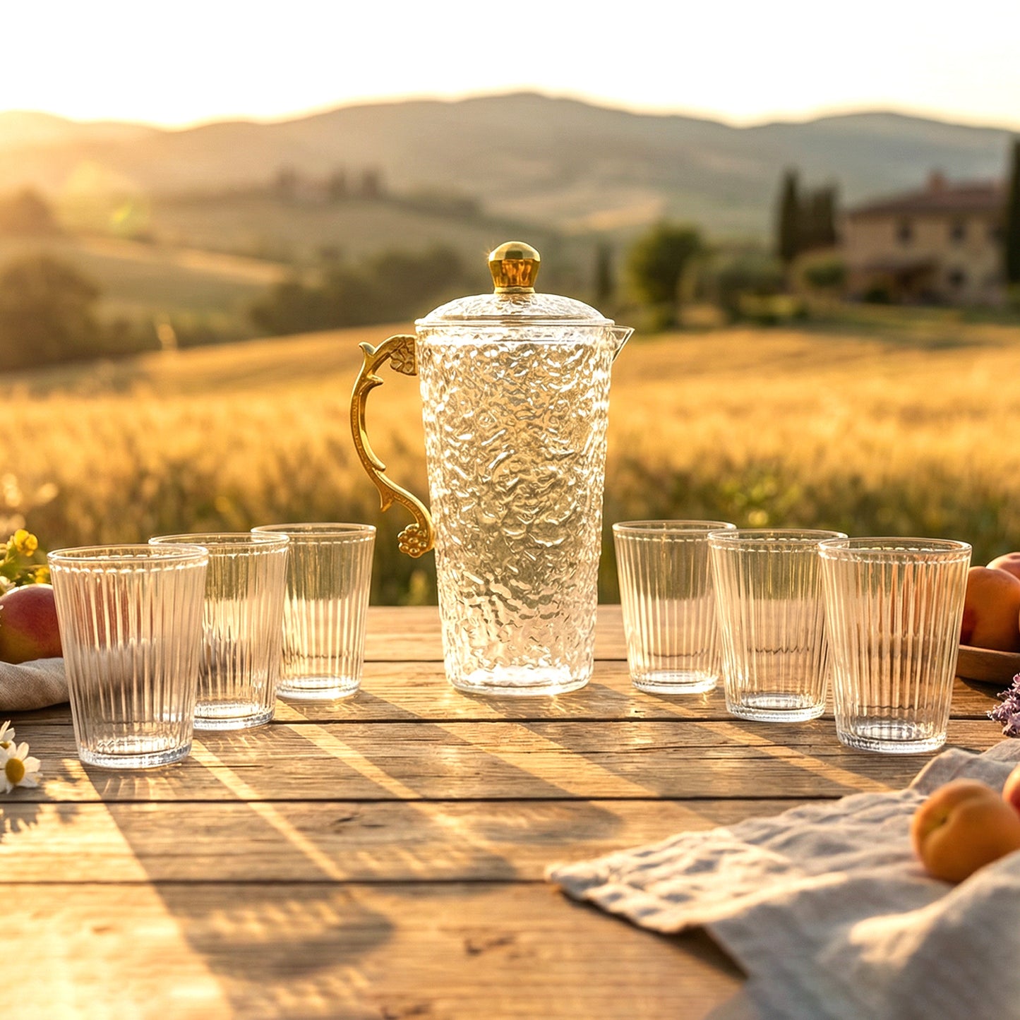 Elegant textured glass water jug with matching six glasses set by Wukusy, perfect for stylish hydration and serving guests.
