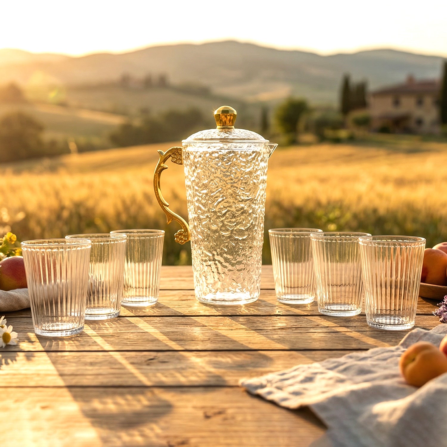 Elegant textured glass water jug with matching six glasses set by Wukusy, perfect for stylish hydration and serving guests.