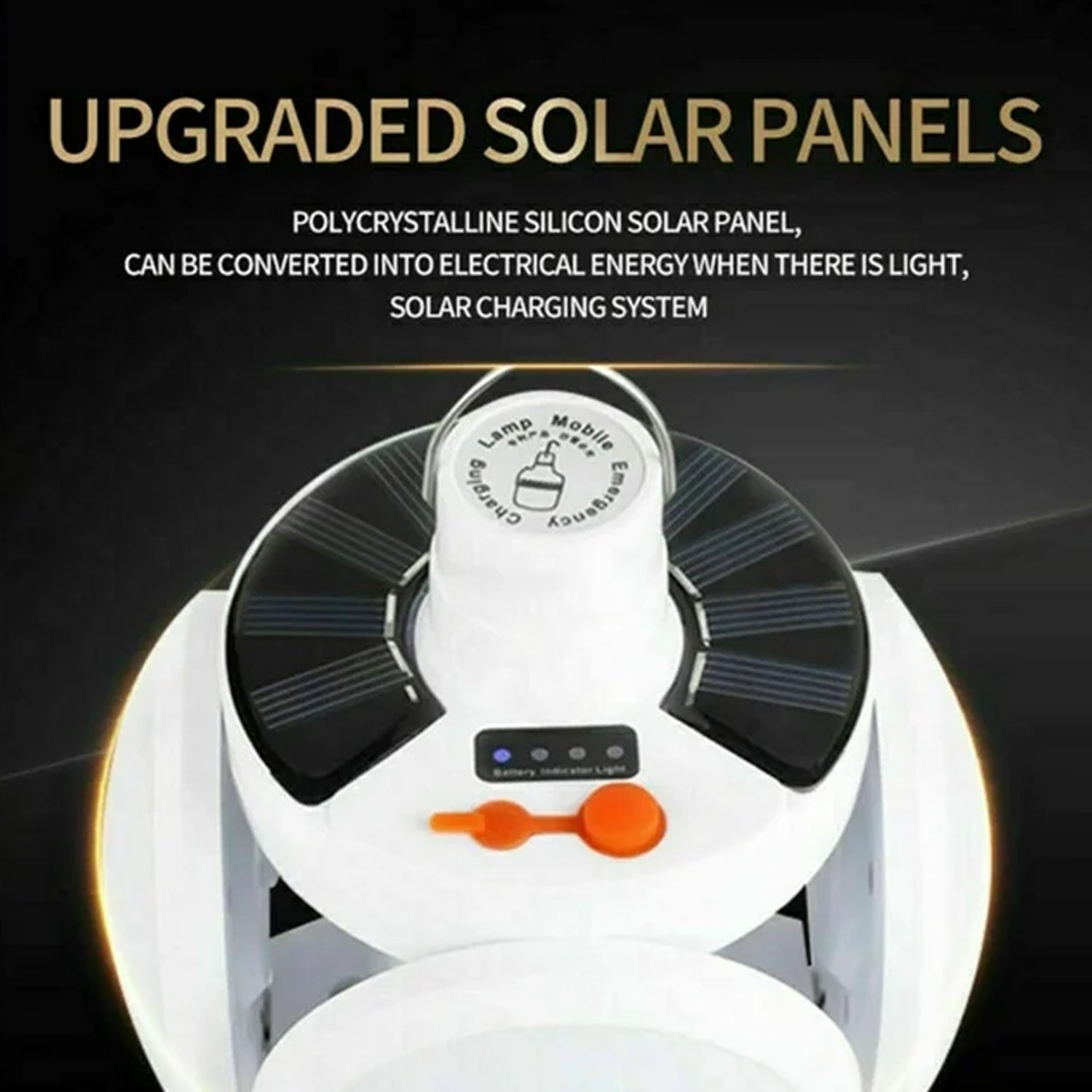 Wukusy 12590 solar multi-functional emergency LED camping lamp with USB charging, foldable, waterproof, and 5 brightness modes.
