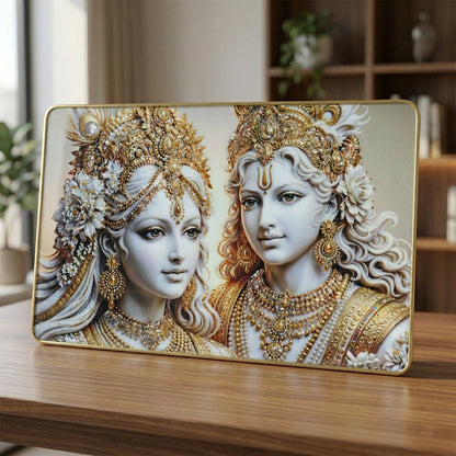Elegant Radha Krishna golden finish wall art frame, 45x30 cm, featuring intricate religious design on a wooden frame.
