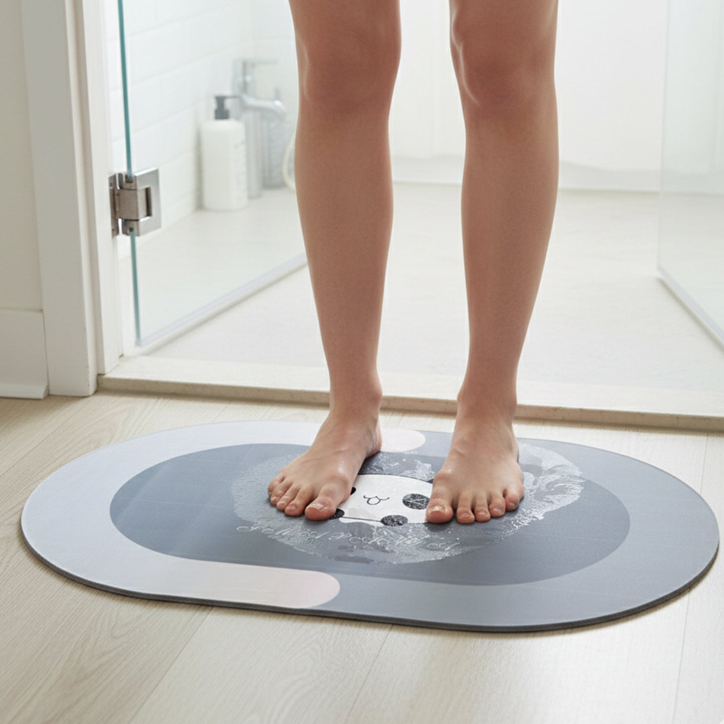 Wukusy anti-slip cartoon panda printed bathroom floor mat showing panda design and textured surface, 89 x 59 cm size.