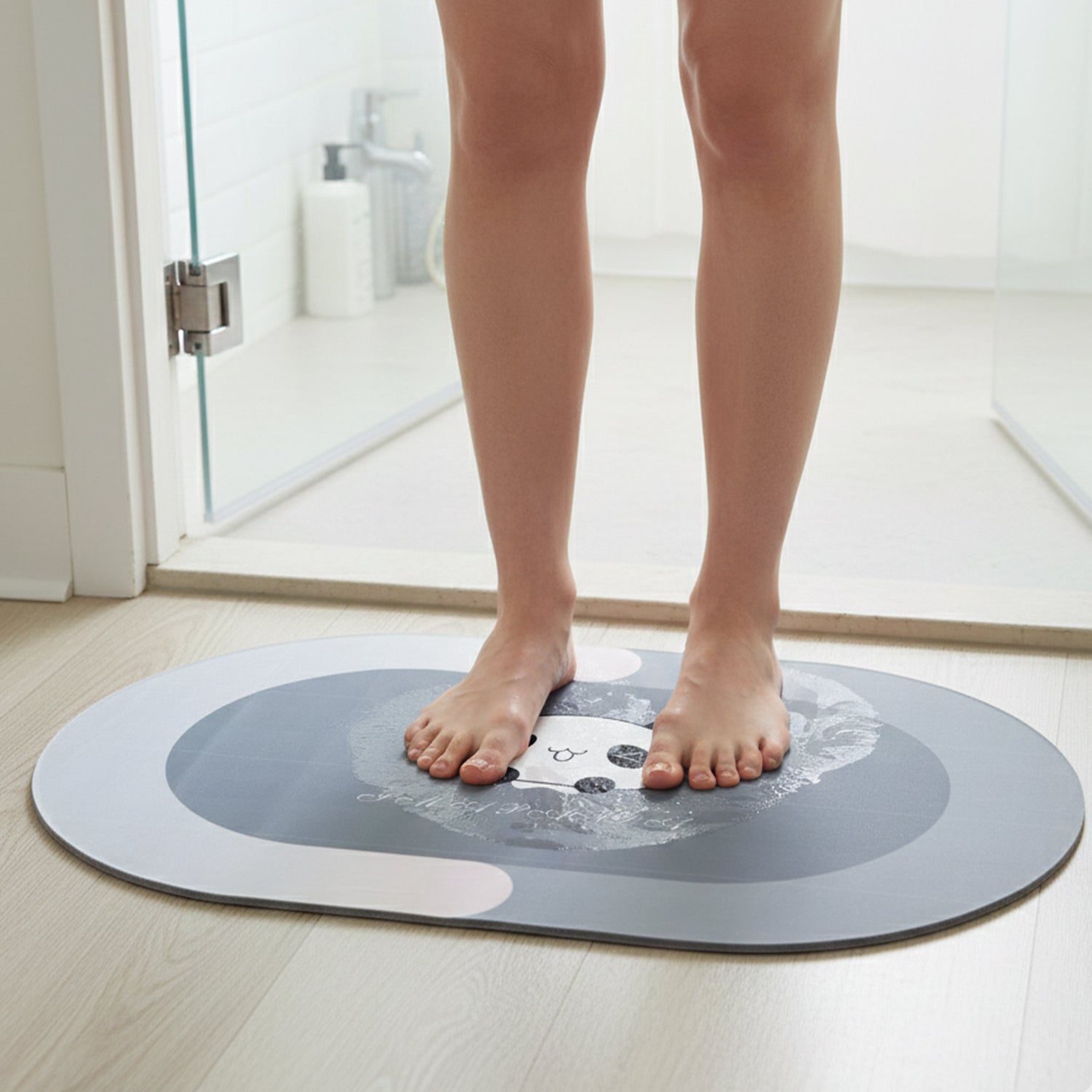 Wukusy anti-slip cartoon panda printed bathroom floor mat showing panda design and textured surface, 89 x 59 cm size.