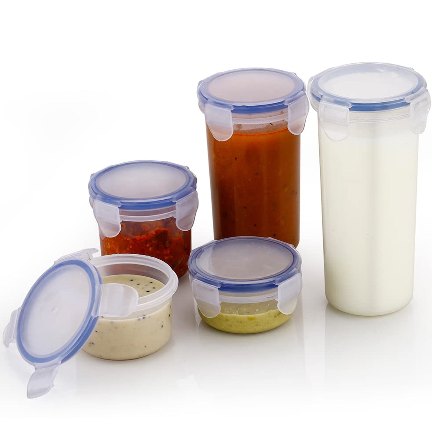 Set of five transparent Wukusy plastic liquid food storage containers with leak-proof locking lids, 110ml to 500ml capacities.
