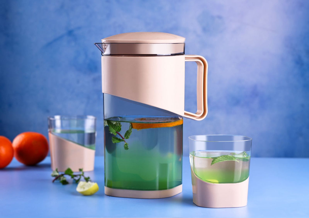 Square plastic water jug with lid and four glass cups, BPA-free food-grade container for water, wine, or juice storage and serving.