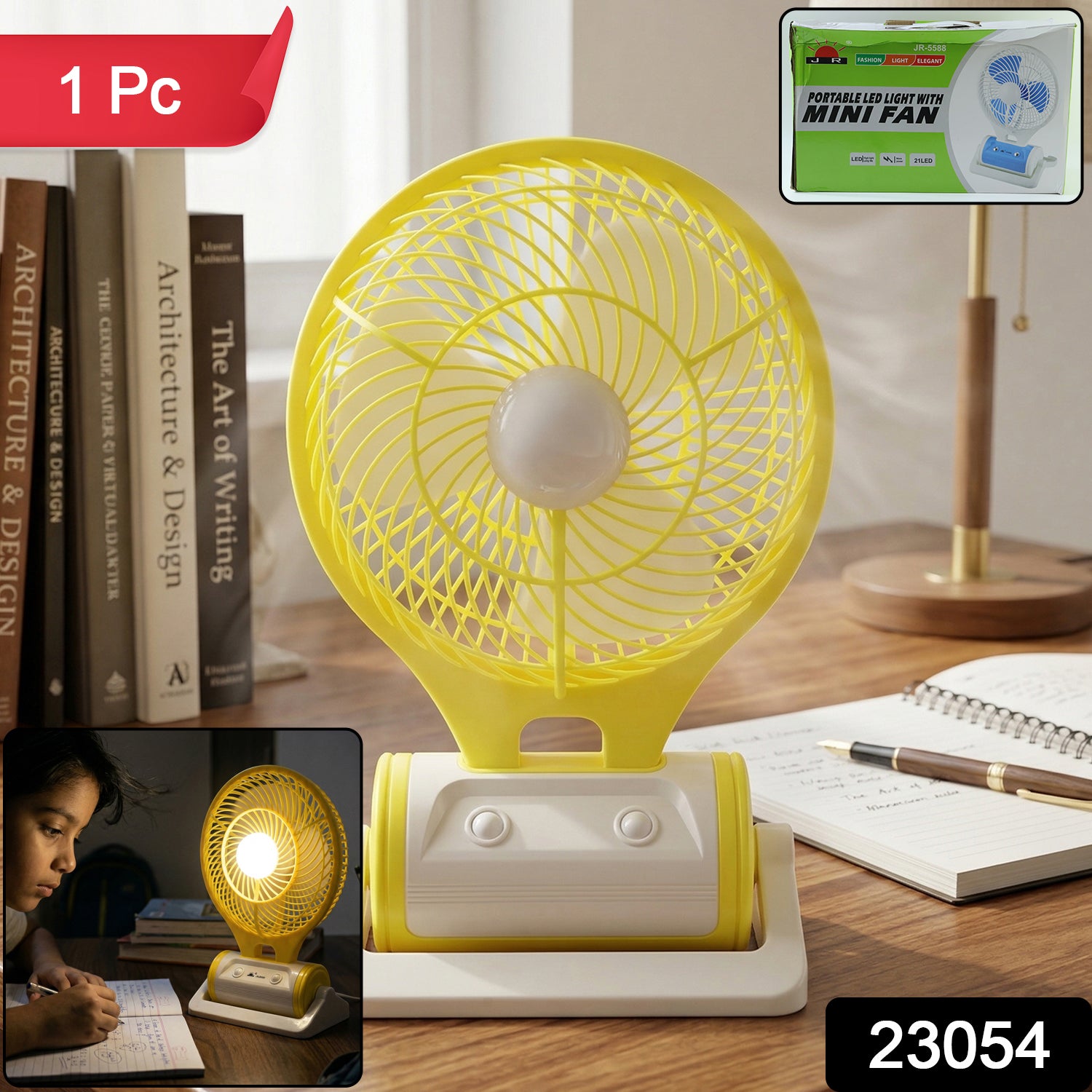 Wukusy portable rechargeable LED light with built-in mini table fan, compact and versatile for outdoor or bedside use
