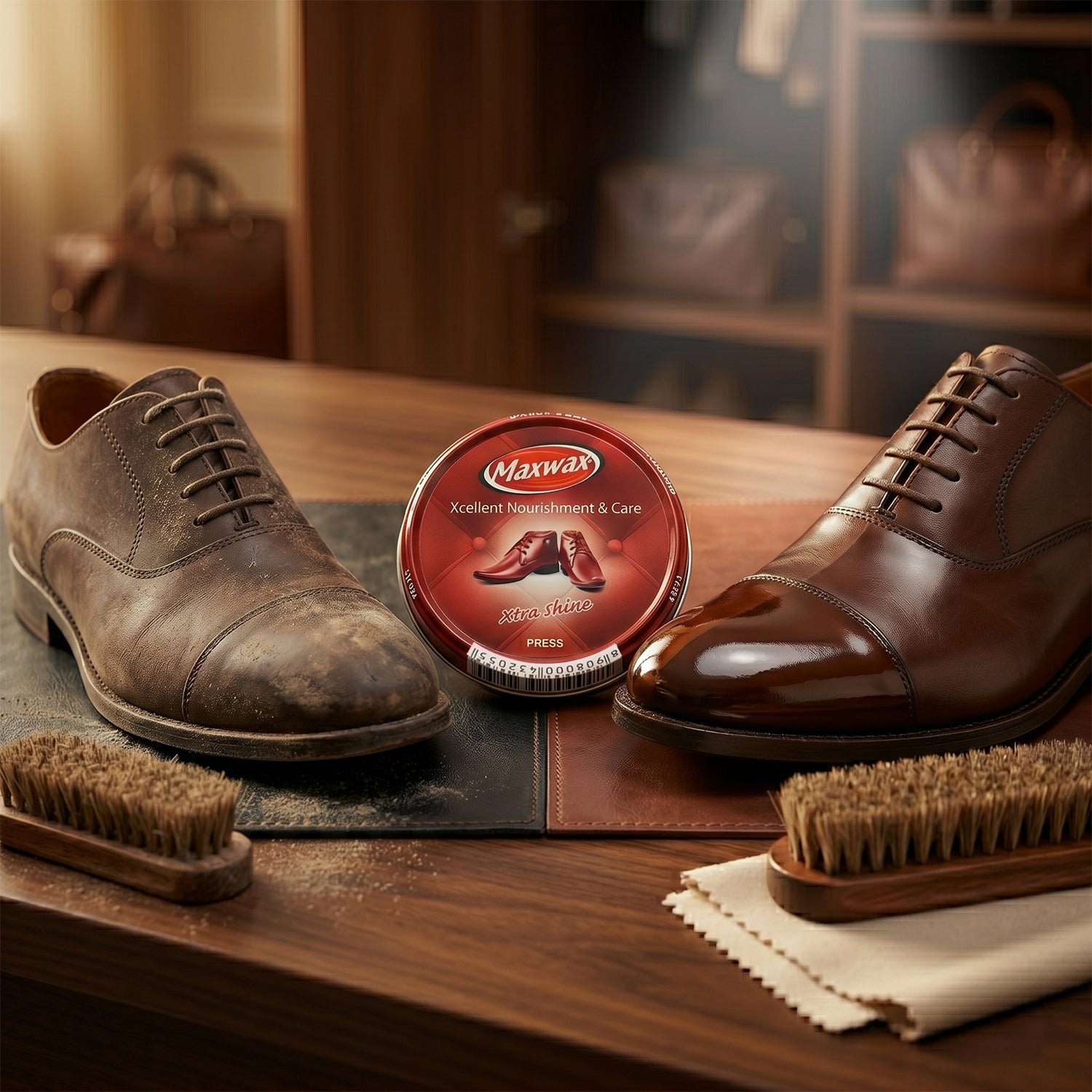 Wukusy Maxwax brown shoe polish cream in a 40g jar, showing the smooth polish cream inside a compact container.