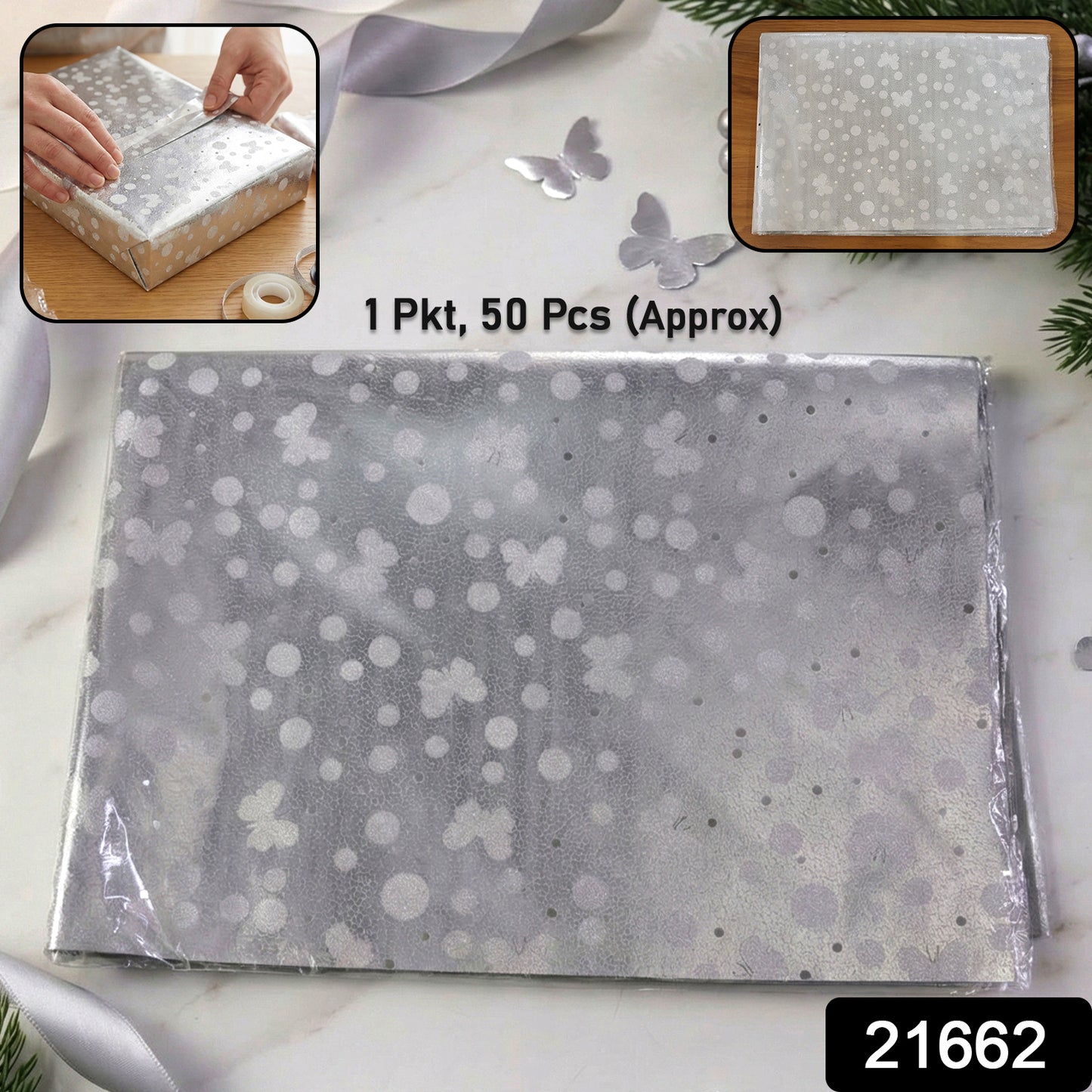 Decorative silver gift wrapping paper sheets by Wukusy, 20 pack with elegant, shiny silver design for special occasions.