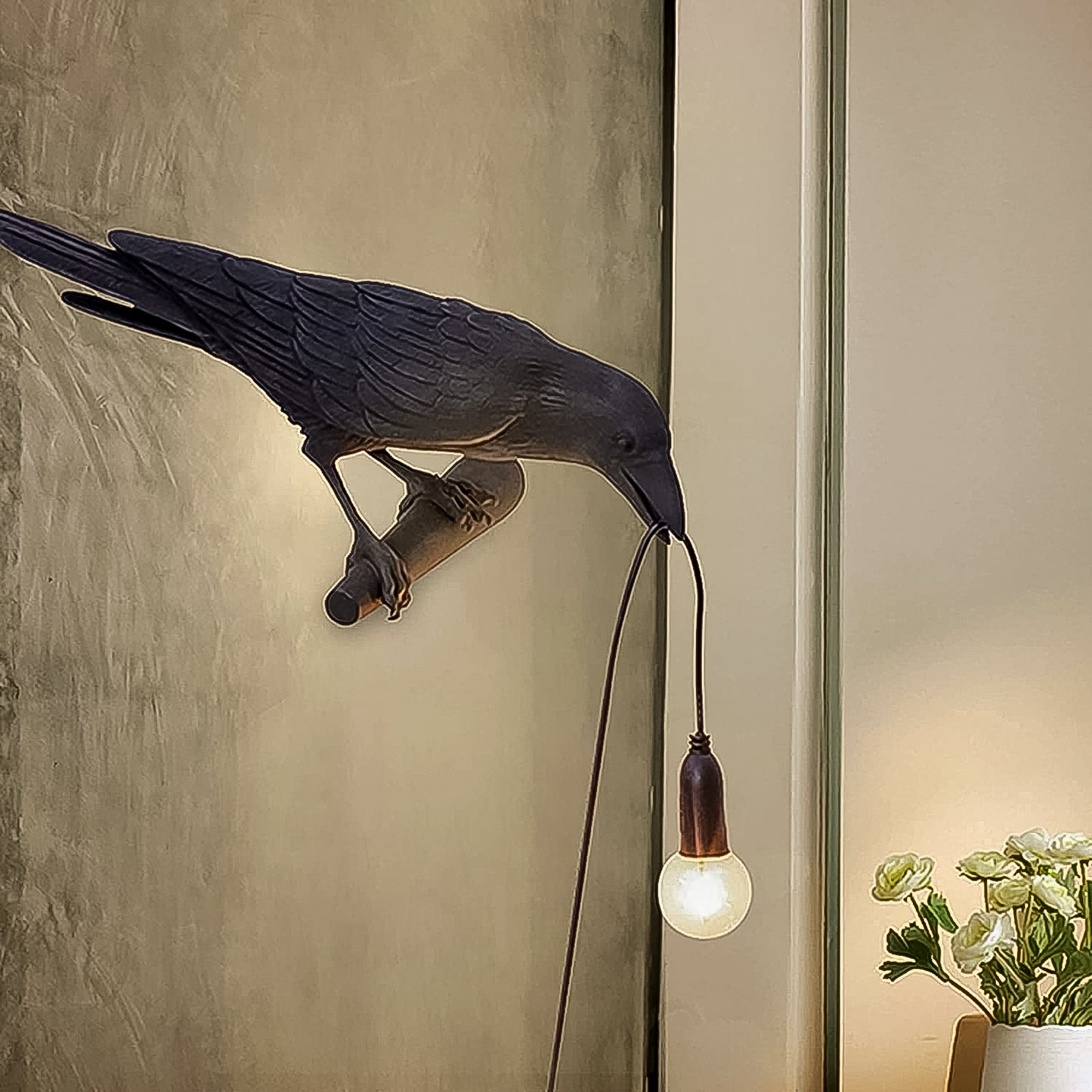 Wukusy crow bird table lamp set featuring vintage Edison bulbs, decorative black metal bird design for home decor.