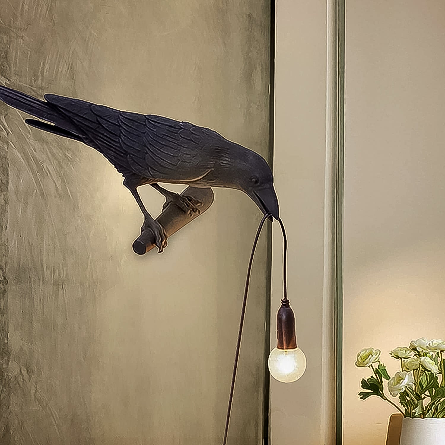 Wukusy crow bird table lamp set featuring vintage Edison bulbs, decorative black metal bird design for home decor.